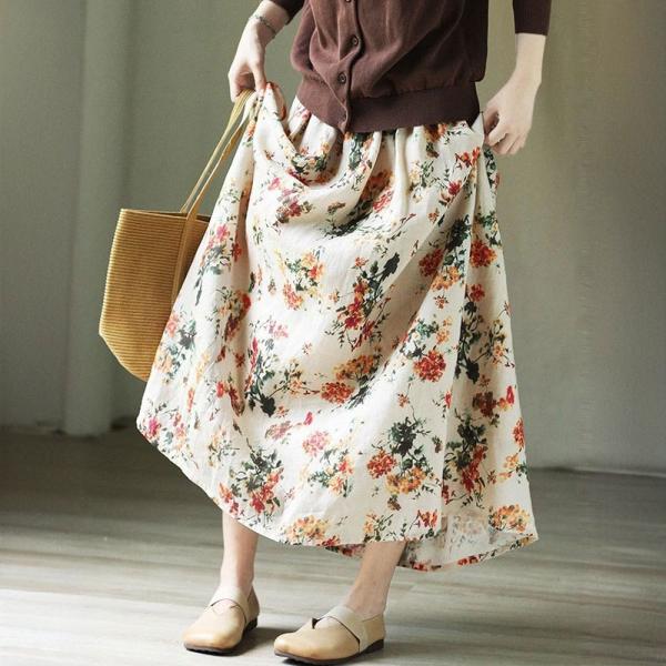 Tropical Flowers Patterned Linen A-Line Skirt