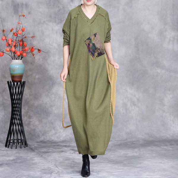 V-Neck Printed Patchwork Tassel Designer Sweater Dress