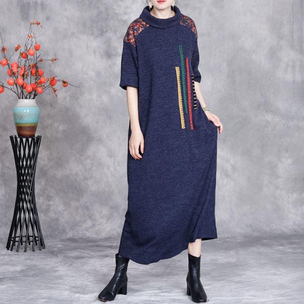 Colorful Ribbons High Collar Blue Sweater Dress