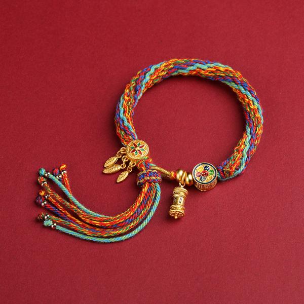 Tibetan Handwoven Cotton Bracelet with Six-Word Mantra and Prayer Wheel Design