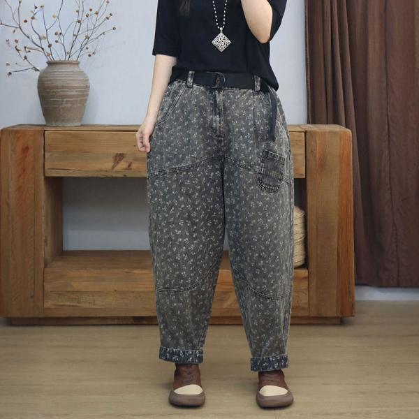 Black Gray Floral High Rise Jeans for Women