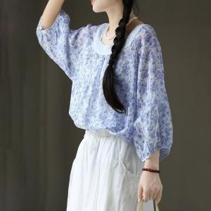 Square Neck Ramie Blue Floral Blouse