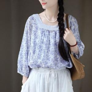 Square Neck Ramie Blue Floral Blouse