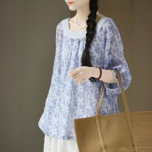 Square Neck Ramie Blue Floral Blouse