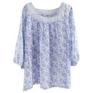 Square Neck Ramie Blue Floral Blouse