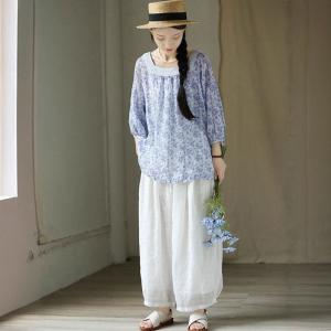 Square Neck Ramie Blue Floral Blouse