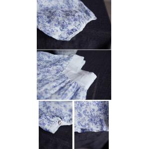 Square Neck Ramie Blue Floral Blouse