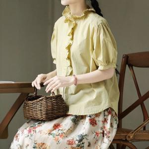 Ruffled Collar Cotton Yellow Peasant Blouse