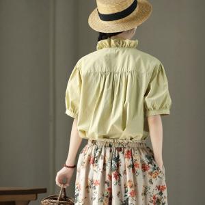 Ruffled Collar Cotton Yellow Peasant Blouse