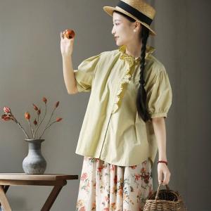 Ruffled Collar Cotton Yellow Peasant Blouse