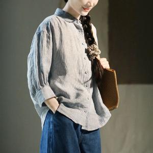 Blue Vertical Pinstriped Long Sleeves Linen Shirt
