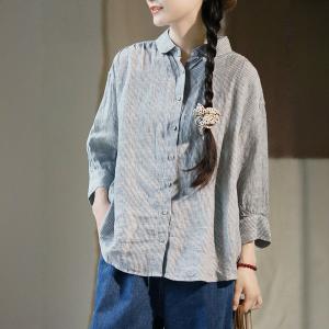 Blue Vertical Pinstriped Long Sleeves Linen Shirt