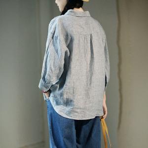 Blue Vertical Pinstriped Long Sleeves Linen Shirt