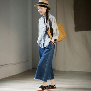 Blue Vertical Pinstriped Long Sleeves Linen Shirt