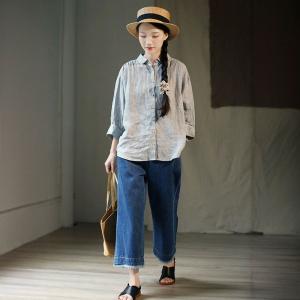 Blue Vertical Pinstriped Long Sleeves Linen Shirt