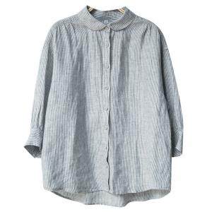 Blue Vertical Pinstriped Long Sleeves Linen Shirt