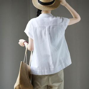 Stand Collar Cotton Linen Pleated Summer Blouse