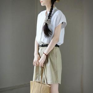 Stand Collar Cotton Linen Pleated Summer Blouse