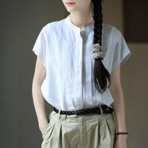 Stand Collar Cotton Linen Pleated Summer Blouse