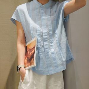 Stand Collar Cotton Linen Pleated Summer Blouse
