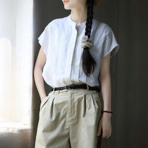 Stand Collar Cotton Linen Pleated Summer Blouse