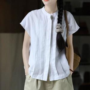 Stand Collar Cotton Linen Pleated Summer Blouse