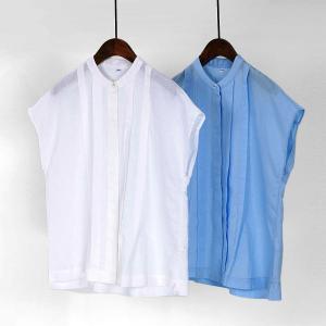 Stand Collar Cotton Linen Pleated Summer Blouse