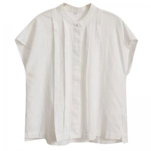 Stand Collar Cotton Linen Pleated Summer Blouse