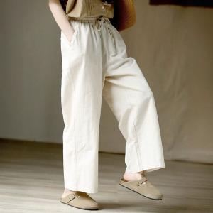 Beige Cotton Linen Straight Leg Summer Pants