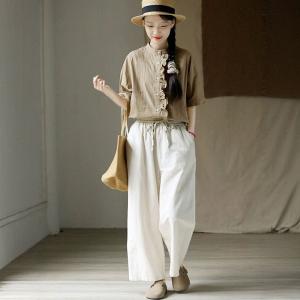 Beige Cotton Linen Straight Leg Summer Pants