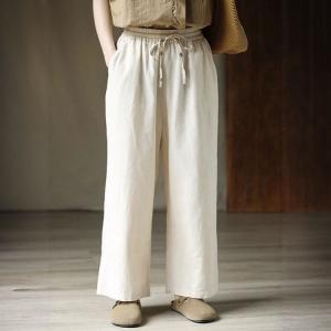 Beige Cotton Linen Straight Leg Summer Pants