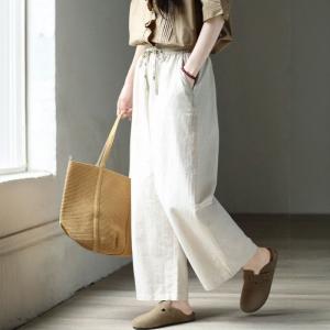 Beige Cotton Linen Straight Leg Summer Pants