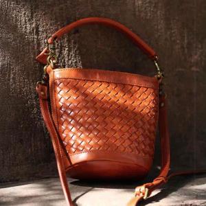 Cowhide Leather Knitting Shoulder Bucket Bag