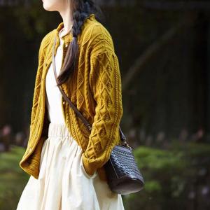 Cowhide Leather Knitting Shoulder Bucket Bag