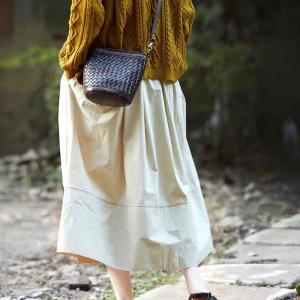 Cowhide Leather Knitting Shoulder Bucket Bag