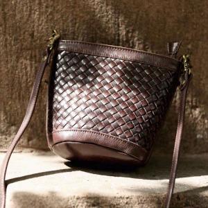 Cowhide Leather Knitting Shoulder Bucket Bag