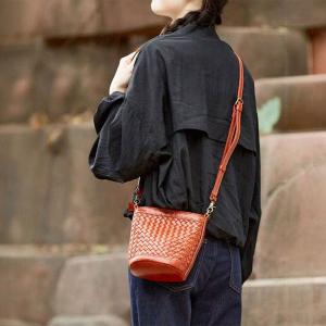 Cowhide Leather Knitting Shoulder Bucket Bag