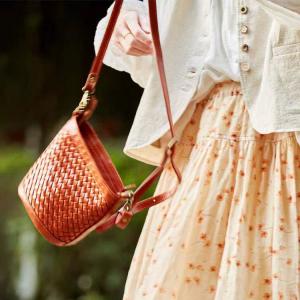Cowhide Leather Knitting Shoulder Bucket Bag