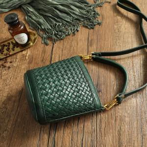Cowhide Leather Knitting Shoulder Bucket Bag