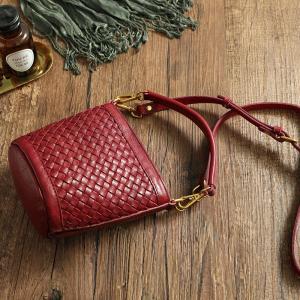 Cowhide Leather Knitting Shoulder Bucket Bag