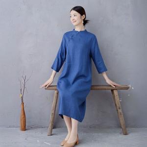 Slanted Frog Buttons Linen Blue Qipao