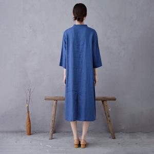 Slanted Frog Buttons Linen Blue Qipao