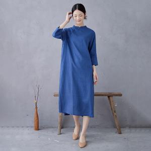 Slanted Frog Buttons Linen Blue Qipao