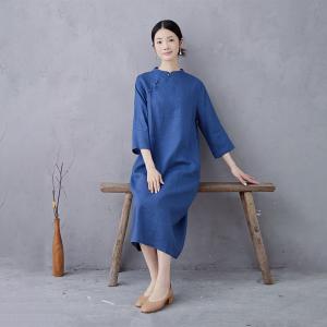 Slanted Frog Buttons Linen Blue Qipao