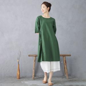 Big Slits Cotton Linen Green Tunic Sweatshirt