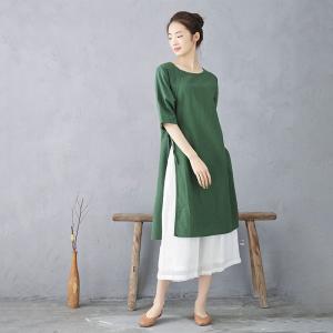 Big Slits Cotton Linen Green Tunic Sweatshirt