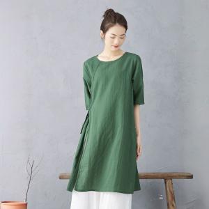 Big Slits Cotton Linen Green Tunic Sweatshirt