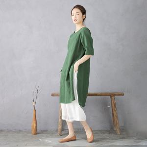 Big Slits Cotton Linen Green Tunic Sweatshirt