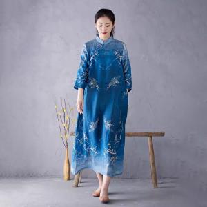 Chinese Collar Folk Patterned Blue Ramie Cheongsam