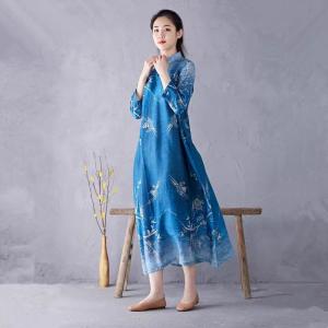Chinese Collar Folk Patterned Blue Ramie Cheongsam